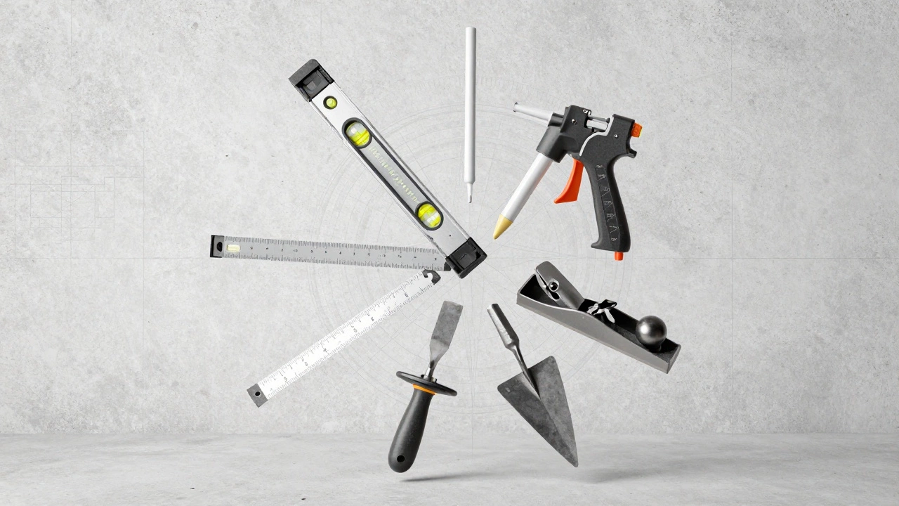Специализированные инструменты для ремонта: гидроуровень, пистолет для герметика, рубанок и кельма в композиции.