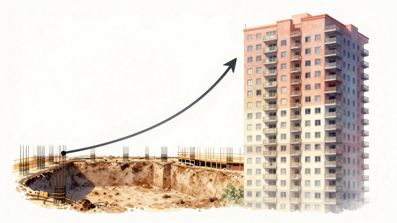 Сравнение этапов строительства: котлован и готовый дом