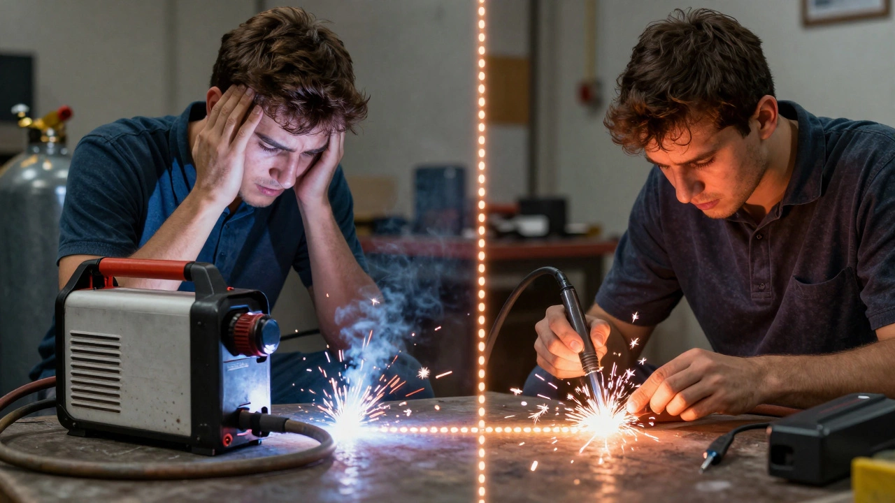 Сравнение: слева — неудачная MIG-сварка, справа — успешная электродная, символизируя путь к мастерству.