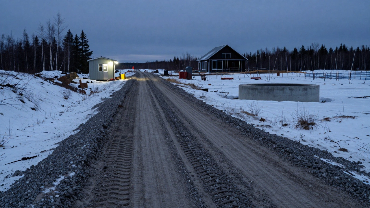Временная гравийная дорога ведёт к будке со светом, рядом септик на снегу.
