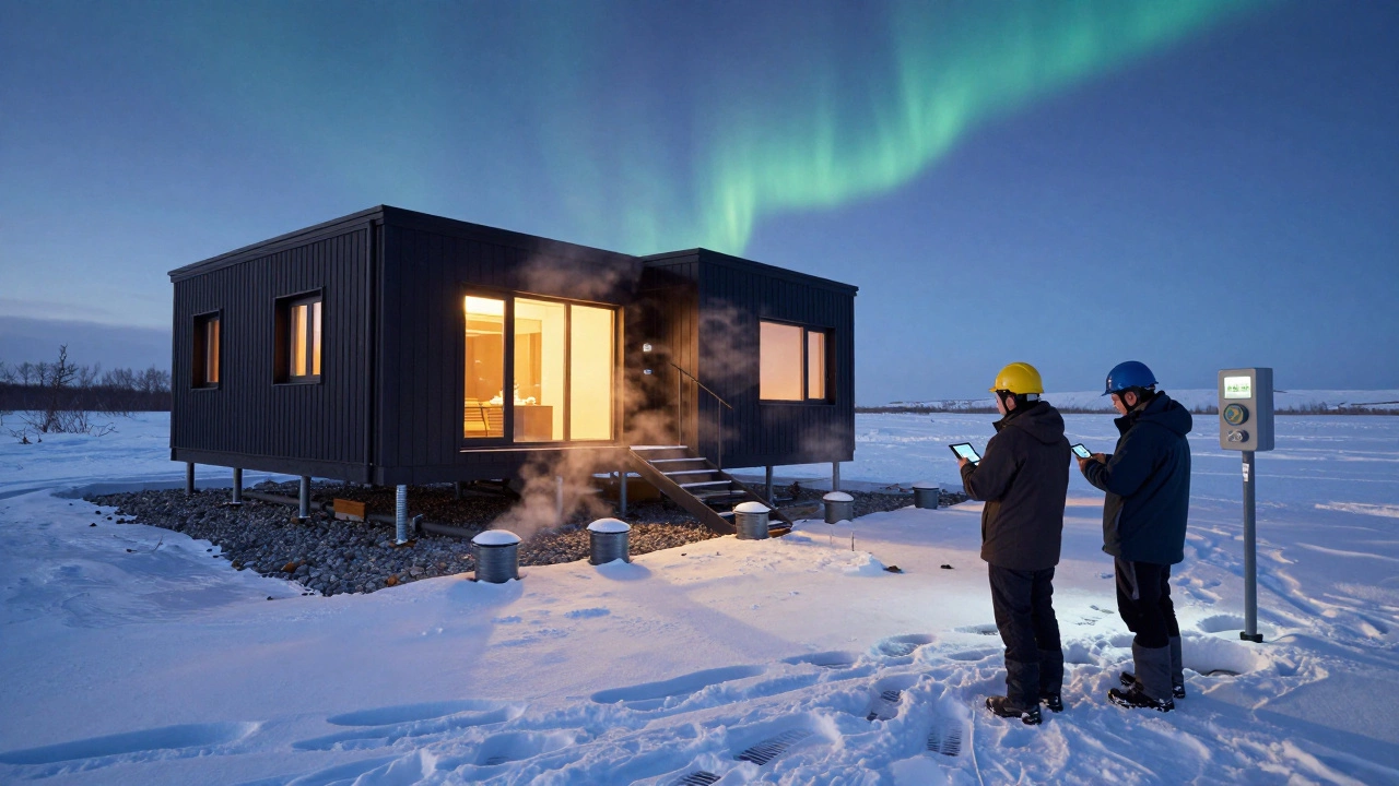 Дом на винтовых сваях в снежной Сибири, сваи уходят в стабильный грунт, тепло светится из окон.