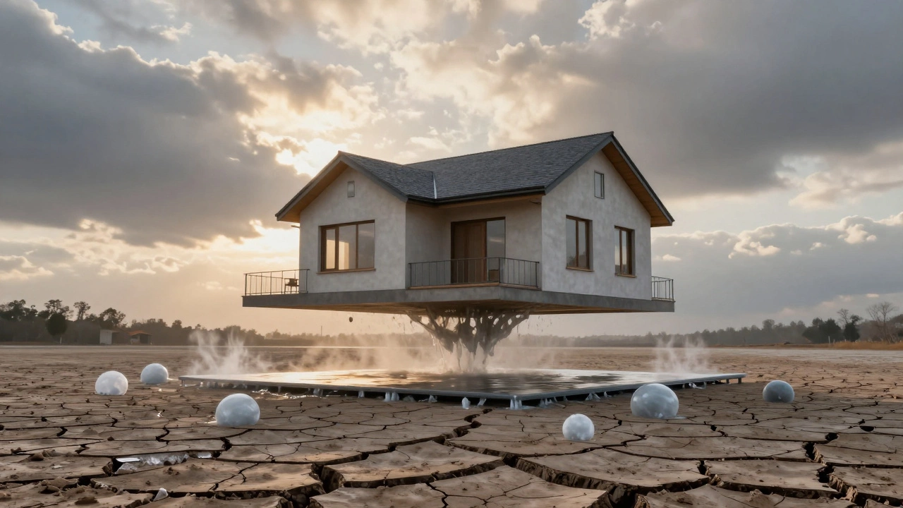 Дом, плавающий над треснувшим грунтом, символизирующий борьбу с морозным пучением.