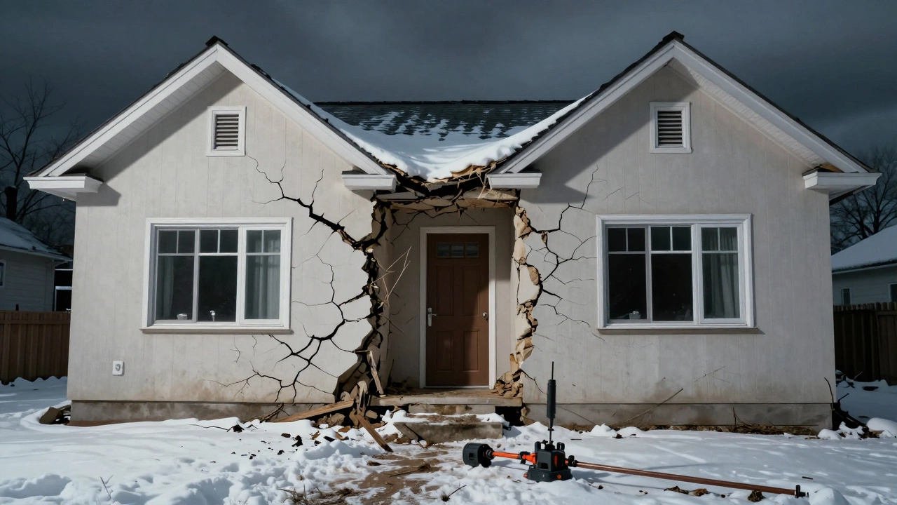 Дом с трещинами из-за пучения грунта, одна сторона поднята морозом.