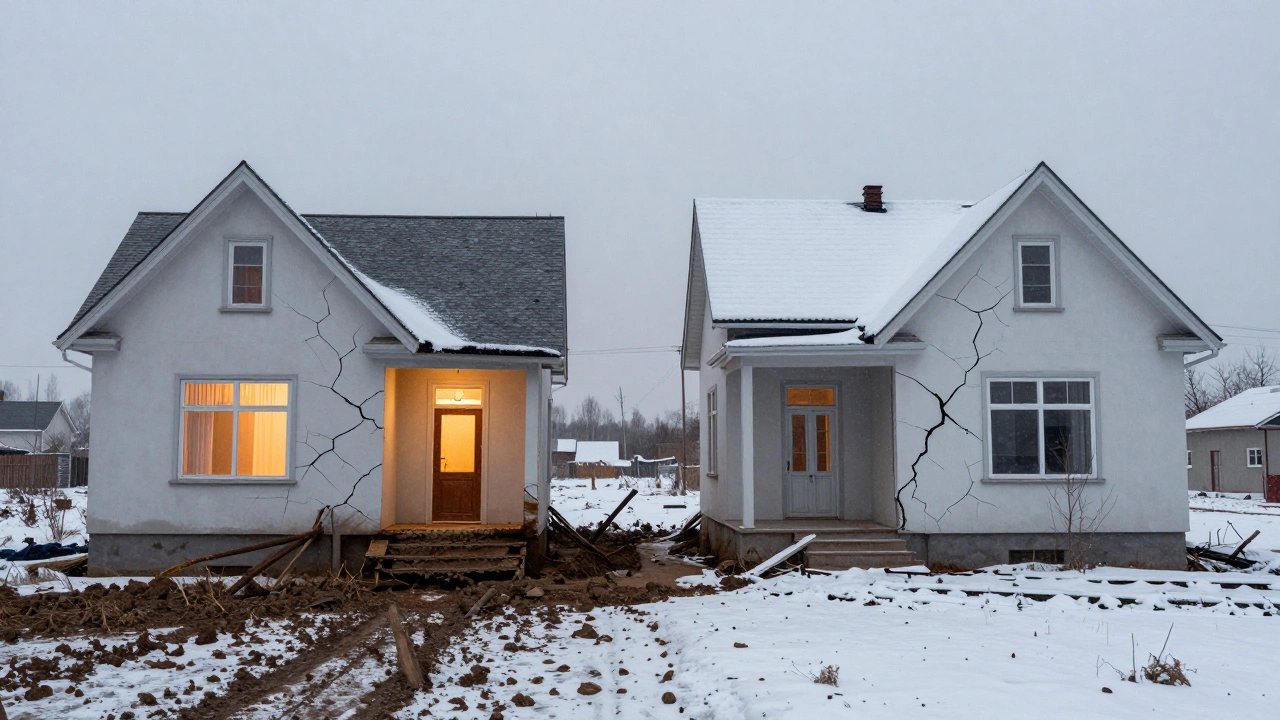 Два дома: один с трещинами на фундаменте, другой — целый, на фоне зимнего пейзажа.