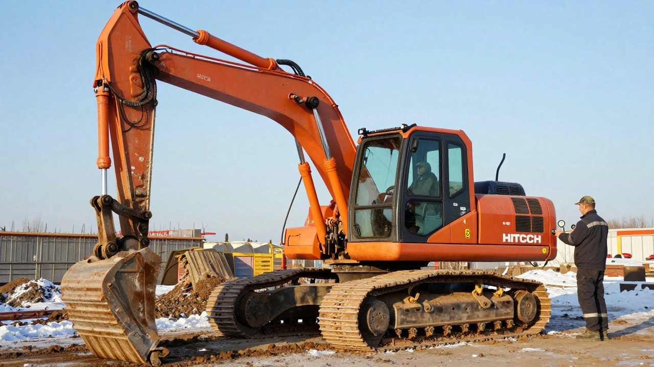 Хорошо обслуживаемый экскаватор Hitachi работает на стройке в Новосибирске под ясным небом.