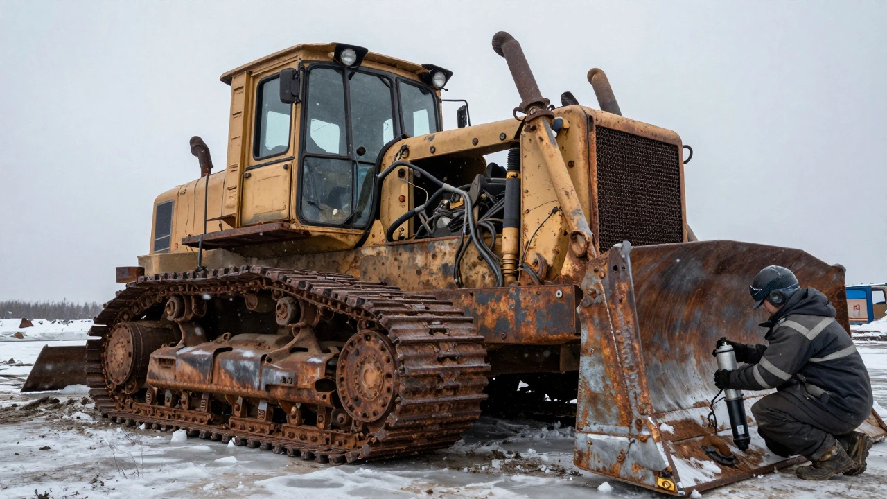 Изношенный бульдозер в снежном дворе металлолома, техник извлекает гидронасос для повторного использования.