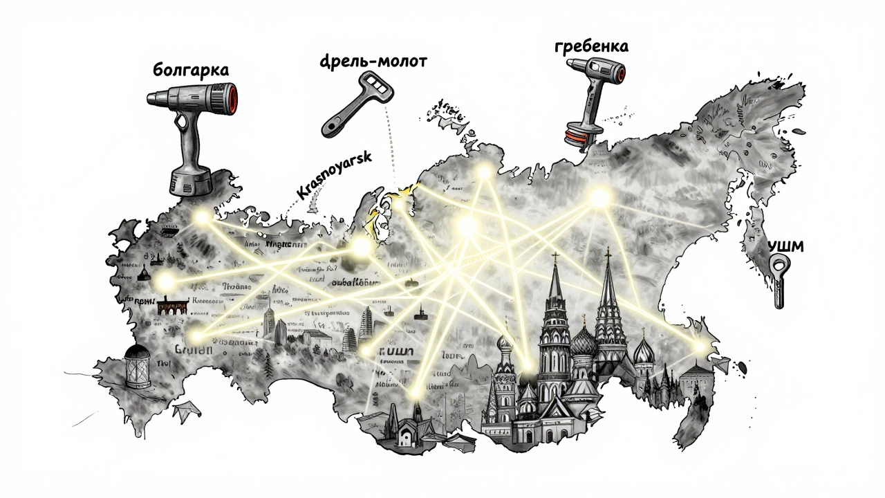 Карта России с профессиональными названиями инструментов, связанными регионами и сленгом.