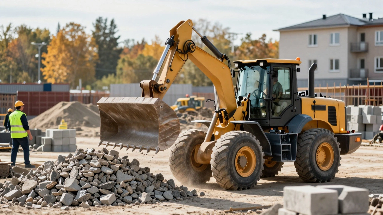 Погрузчик поднимает щебень на строительной площадке под осенним солнцем.