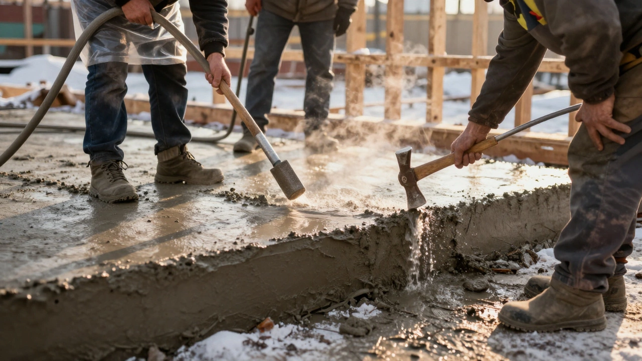 Рабочие поливают бетонный фундамент для набора прочности, накрытый пленкой, зимний день, мягкий свет заката.