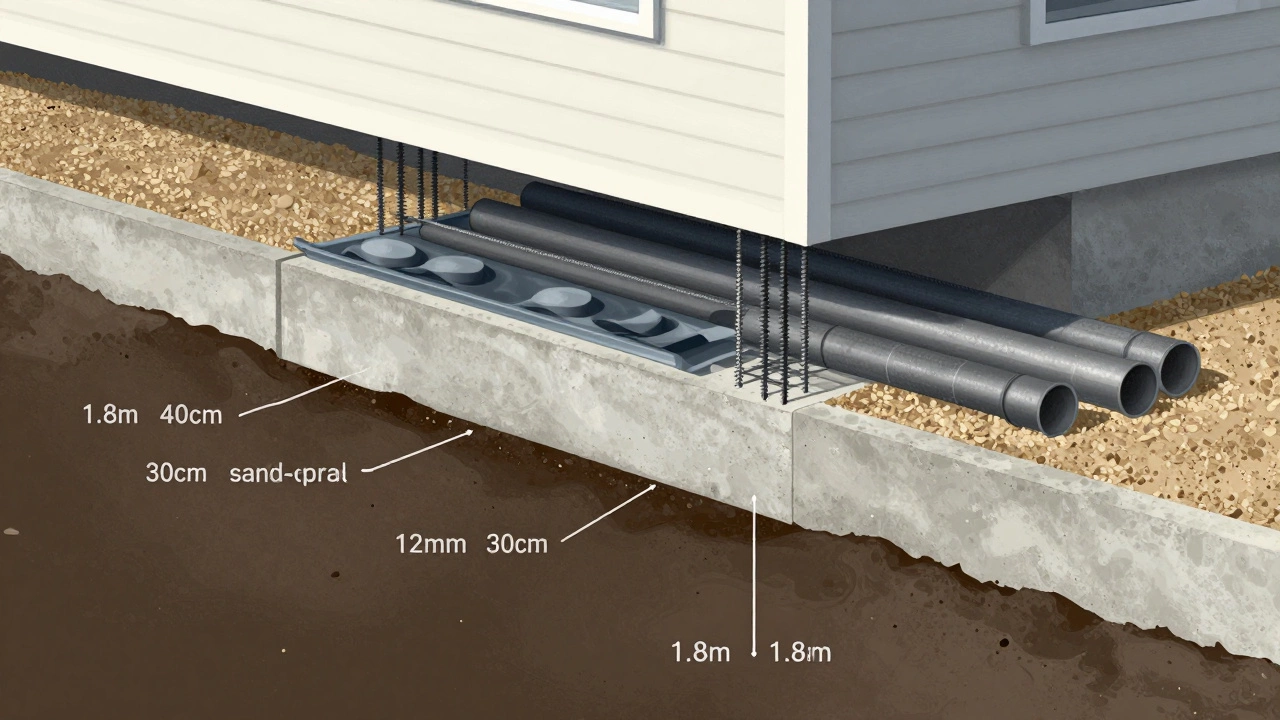 Разрез фундамента: бетонная лента с армированием, песчано-щебеночная подушка, дренажные трубы, уровень промерзания грунта.