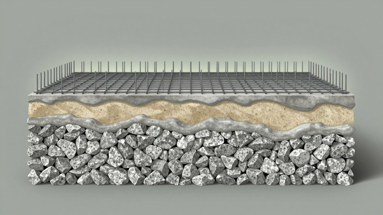 Разрез фундамента с арматурой и слоями бетонной смеси, демонстрирующий структуру прочного раствора.