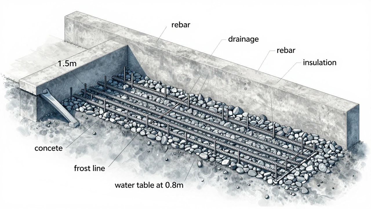 Разрез фундамента с армированием, дренажем и утеплением, показывающий глубину заложения ниже промерзания.