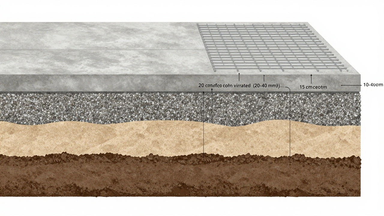 Разрез фундамента с правильными слоями: грунт, песок, щебень, гидроизоляция и армированный бетон.
