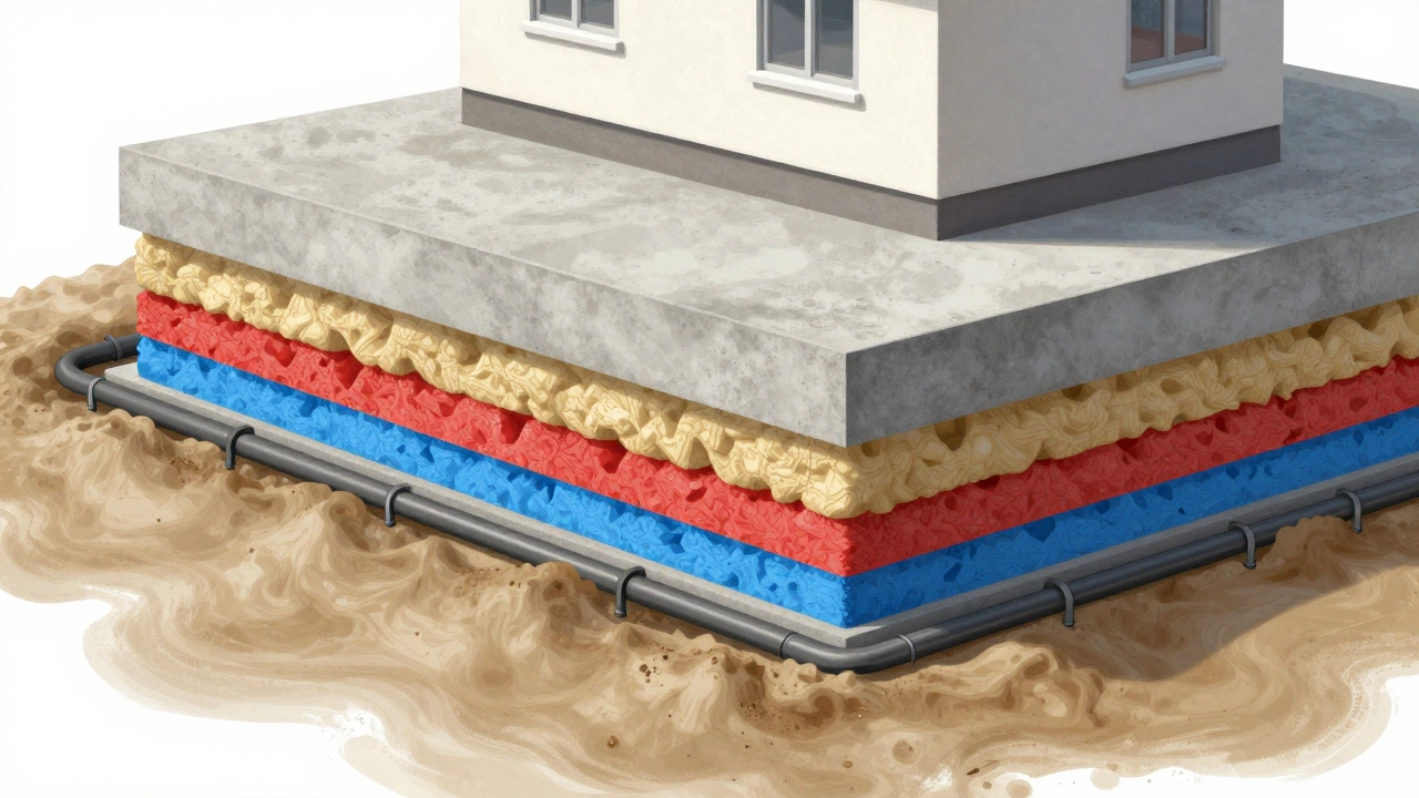 Разрез фундаментной плиты в пучинистом грунте: бетон, арматура, утепление и дренаж под домом.