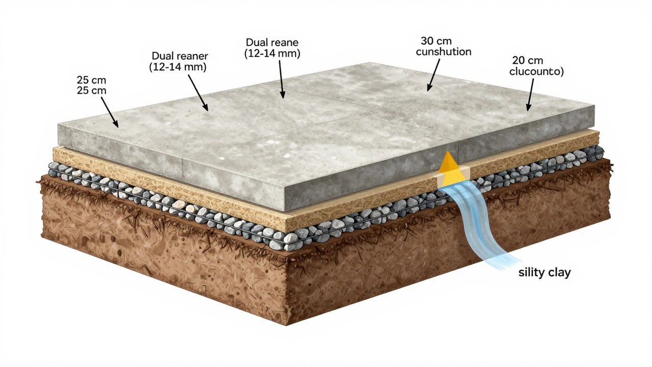 Разрез плитного фундамента с указанием слоев: бетон, арматура, песок, щебень и грунт.