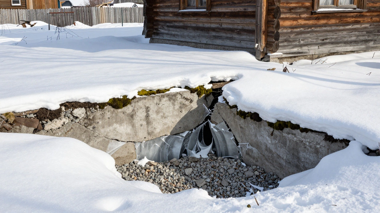 Разрушенный фундамент с полостями и льдом под бетоном, дом на кривом основании.