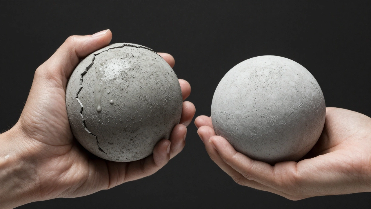 Рука сжимает шар из бетона — один с трещинами, другой идеально плотный.