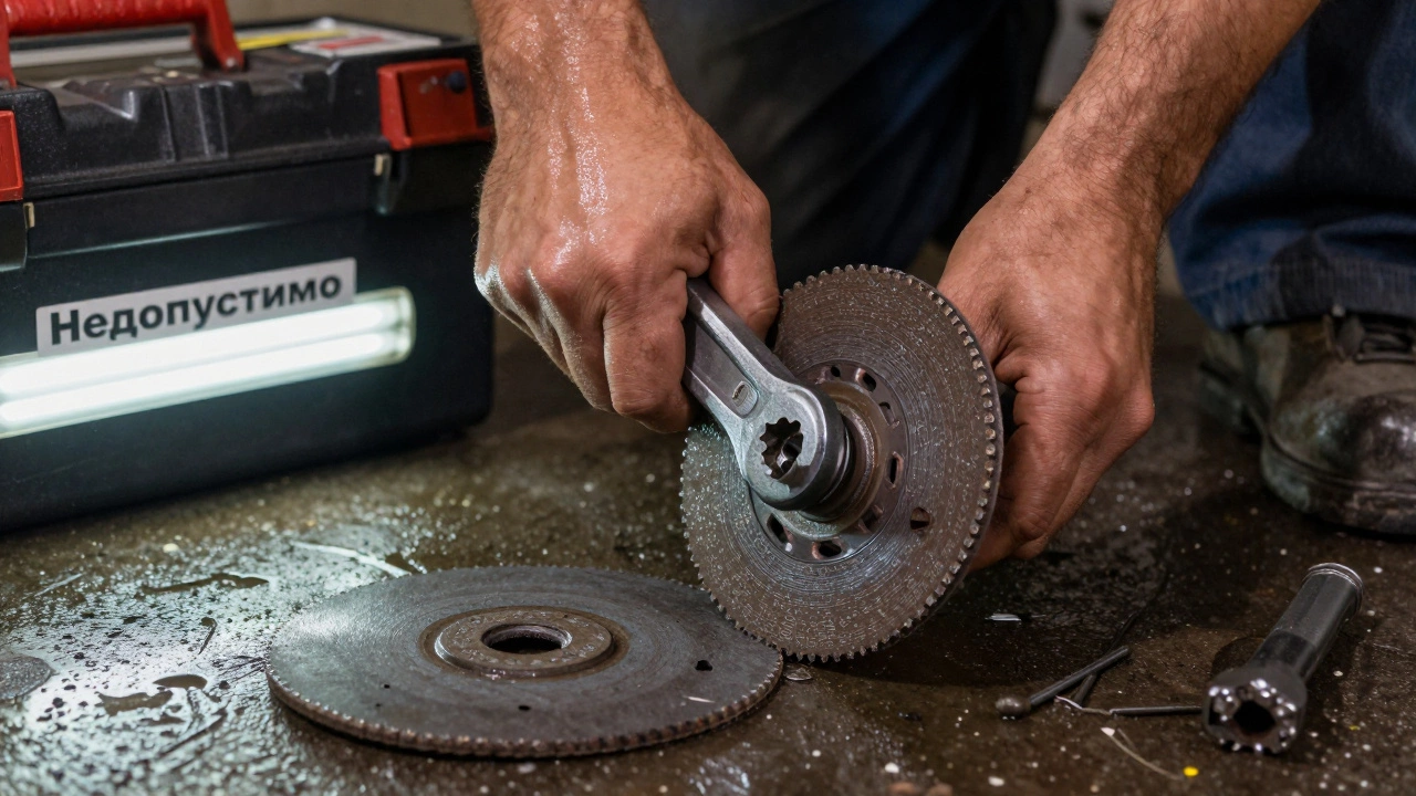 Руки рабочего затягивают диск болгарки, рядом лежит поврежденный диск с нечитаемой маркировкой.