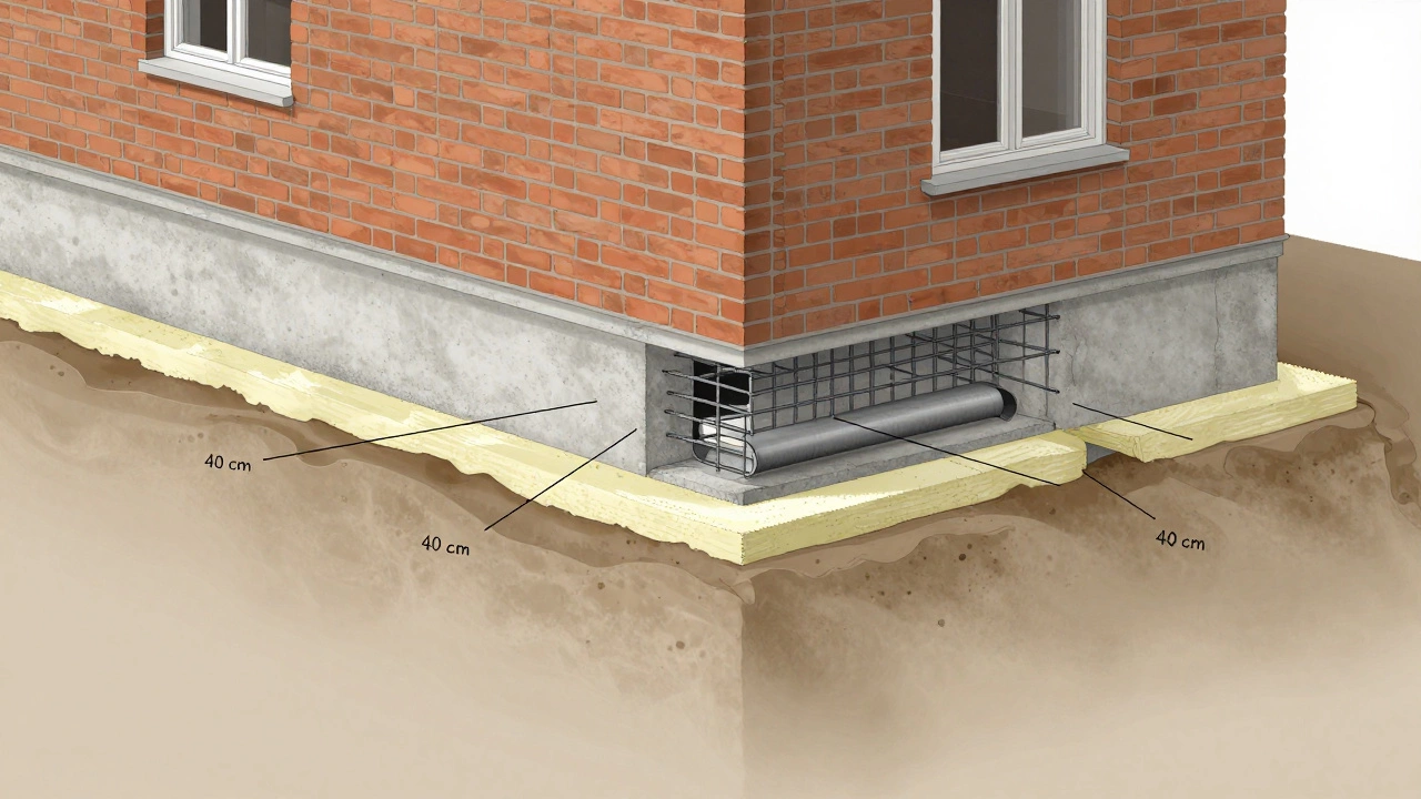 Технический разрез фундамента под кирпичным домом с армированием и дренажем.