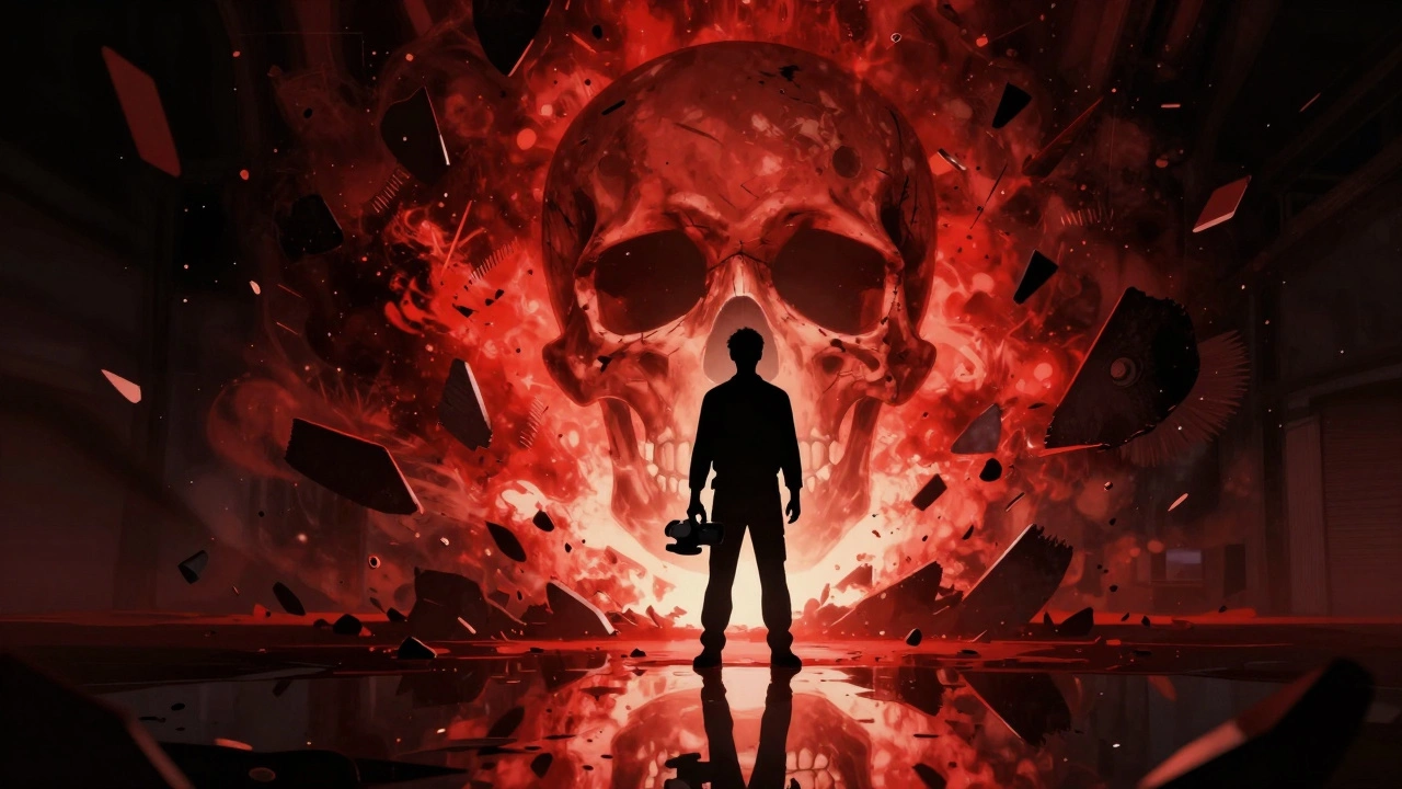 Тень взрыва болгарочного диска в форме черепа, отражающаяся в луже у ног рабочего.