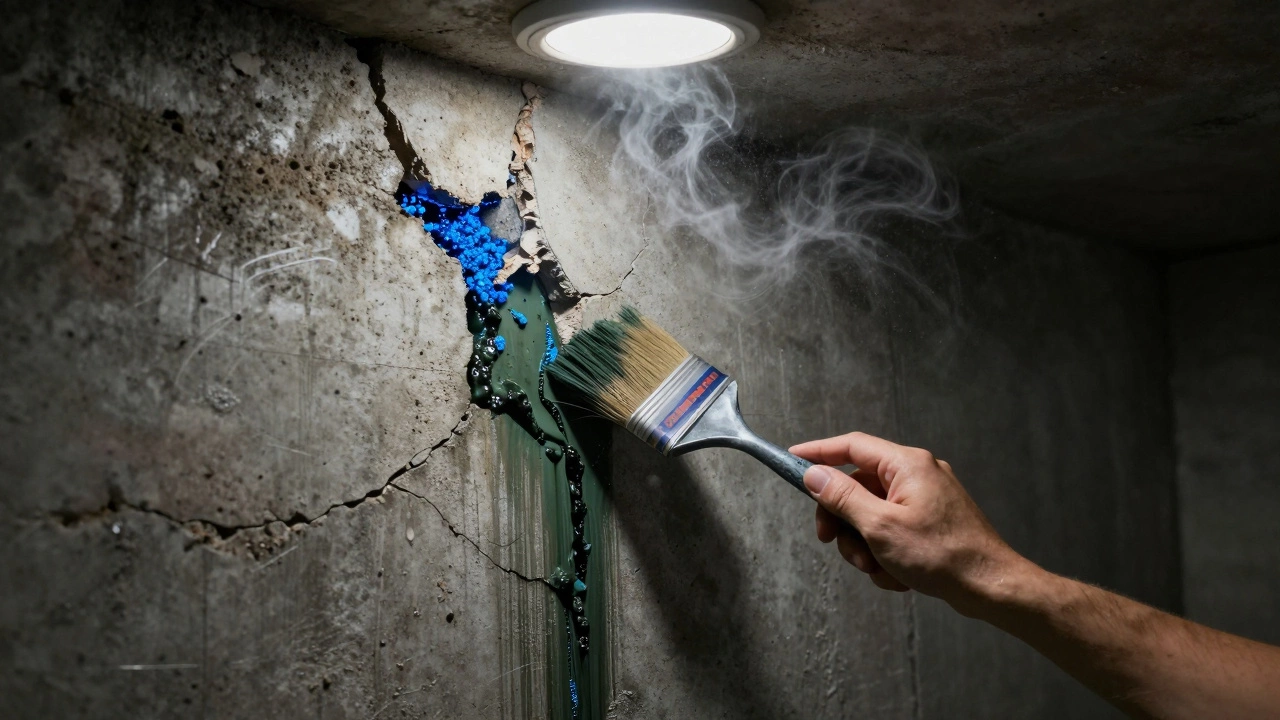 Трещина в бетонной стене подвергается обработке проникающей гидроизоляцией с видимым проникновением жидкости.