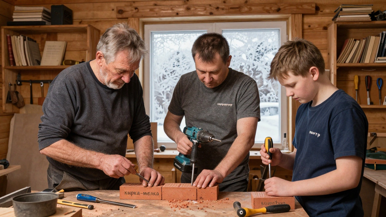 Три поколения строителей в сибирской мастерской с киркой-малкой, перфоратором и шуруповёртом.