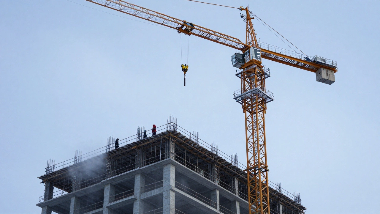 Башенный кран поднимает стальные балки на высотку в Новосибирске.