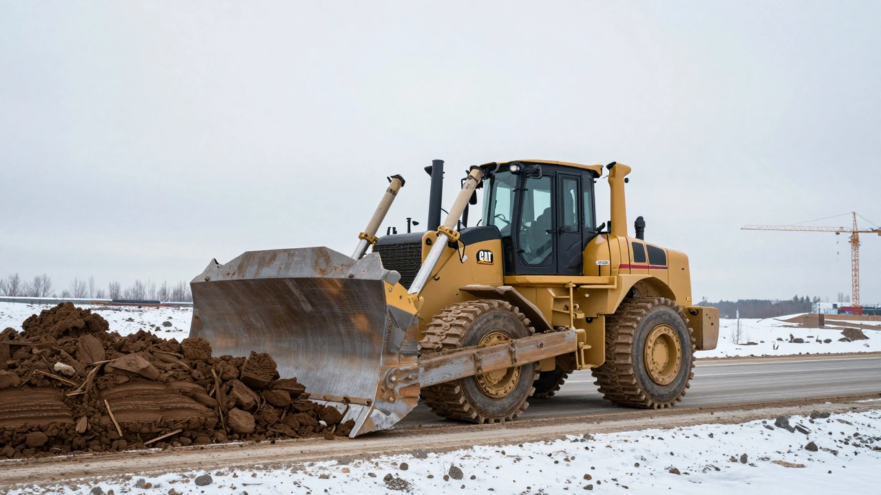 Бульдозер Caterpillar D11 сдвигает тонны замерзшей земли на стройке трассы в снежной местности.