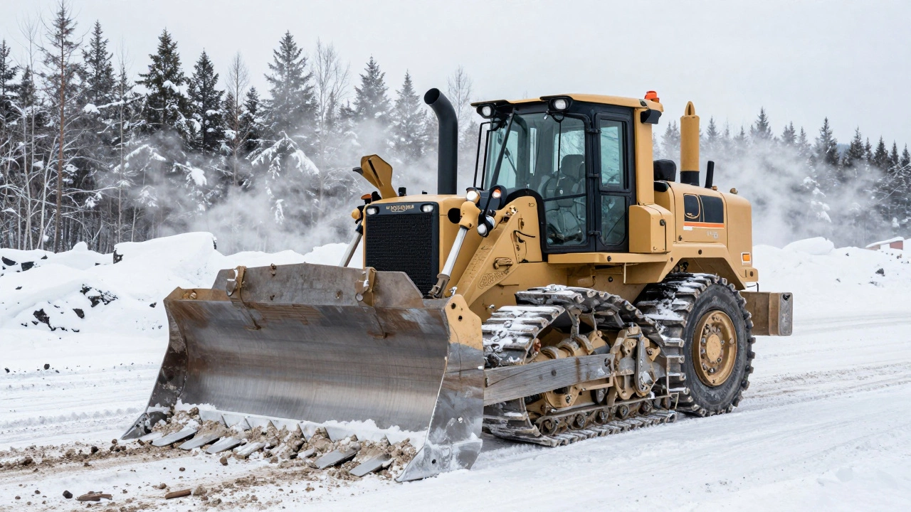 Бульдозер сдвигает снег и землю в зимних условиях Сибири.