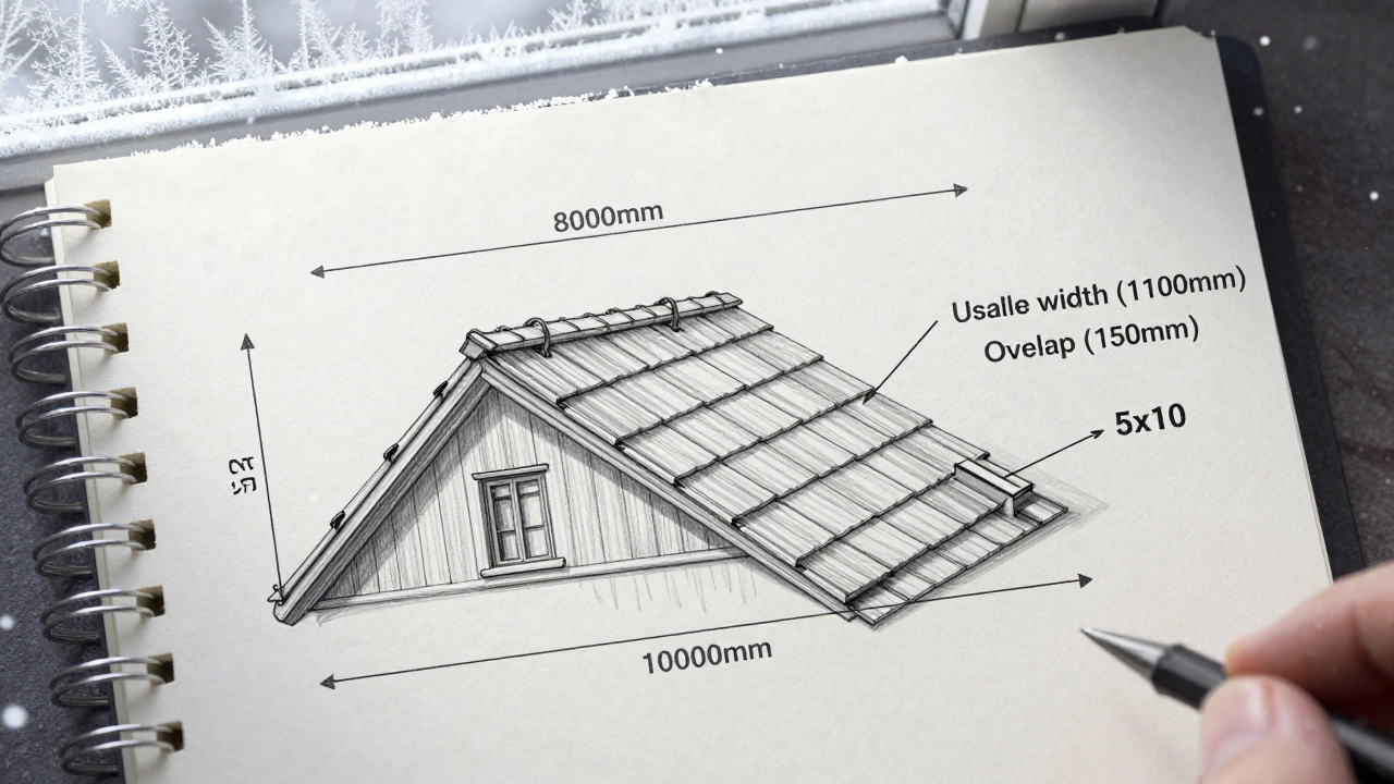 Чертеж расчета кровли на бумаге с цифрами, нахлестом и размерами листов, на фоне снежинок.