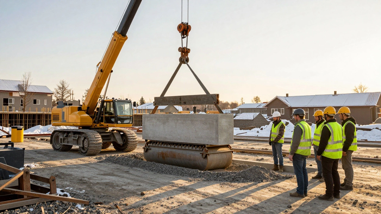 Кран поднимает железобетонную плиту, каток уплотняет щебень, рабочие наблюдают с безопасного расстояния.
