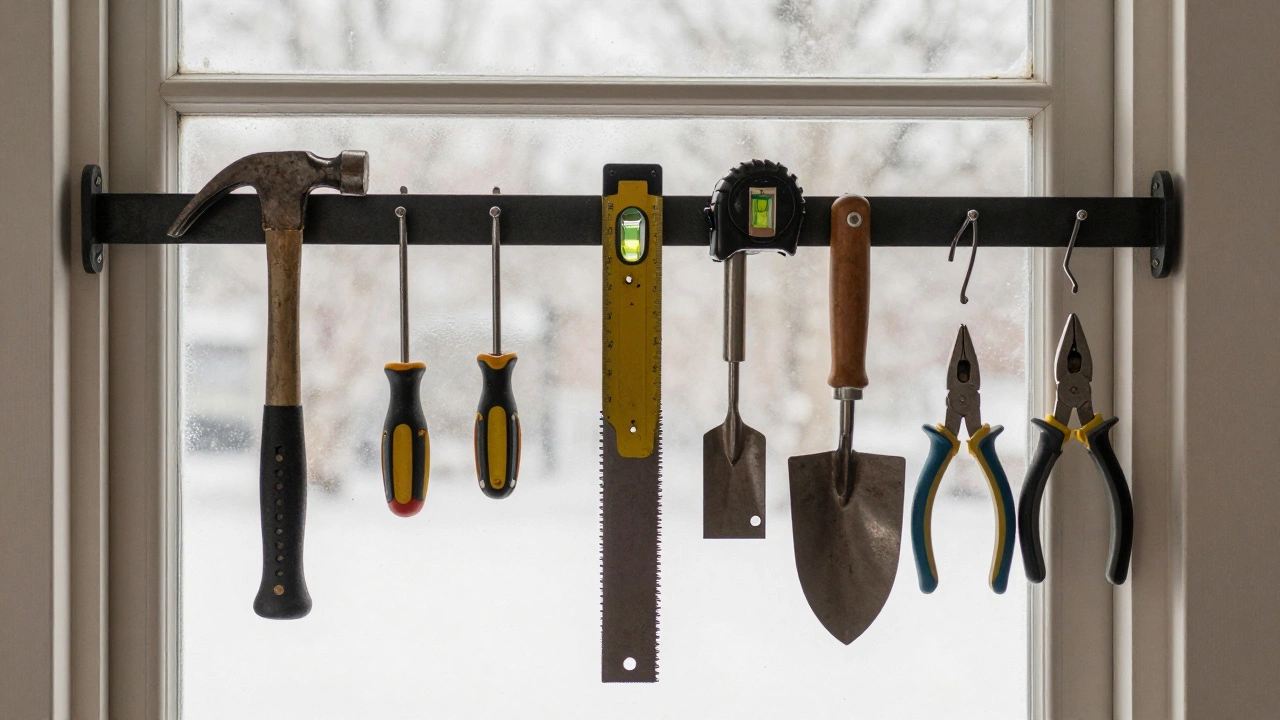 Набор восьми основных ручных инструментов аккуратно висит на доске в сухом гараже.