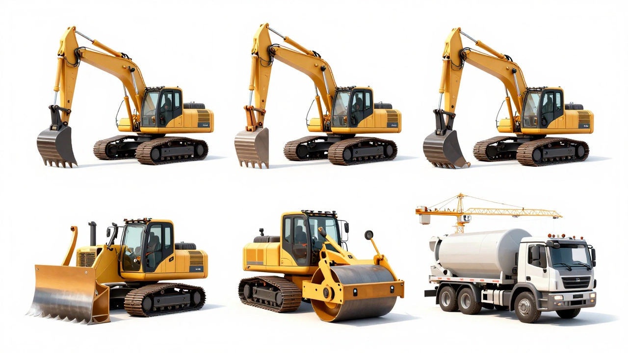 Пять ключевых строительных машин: экскаватор, бульдозер, каток, бетоновоз и кран, с пояснениями их функций.