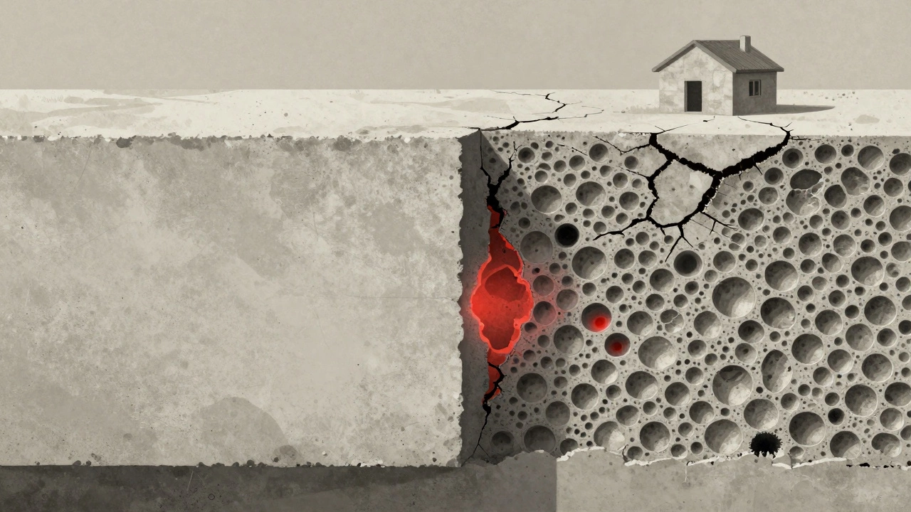 Разрез бетона: плотная структура слева и пористая с пустотами справа из-за избытка воды.