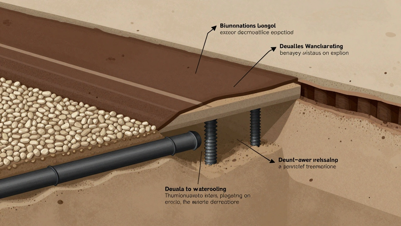 Разрез фундамента с дренажом, сваями и двойной гидроизоляцией при высоком уровне грунтовых вод.