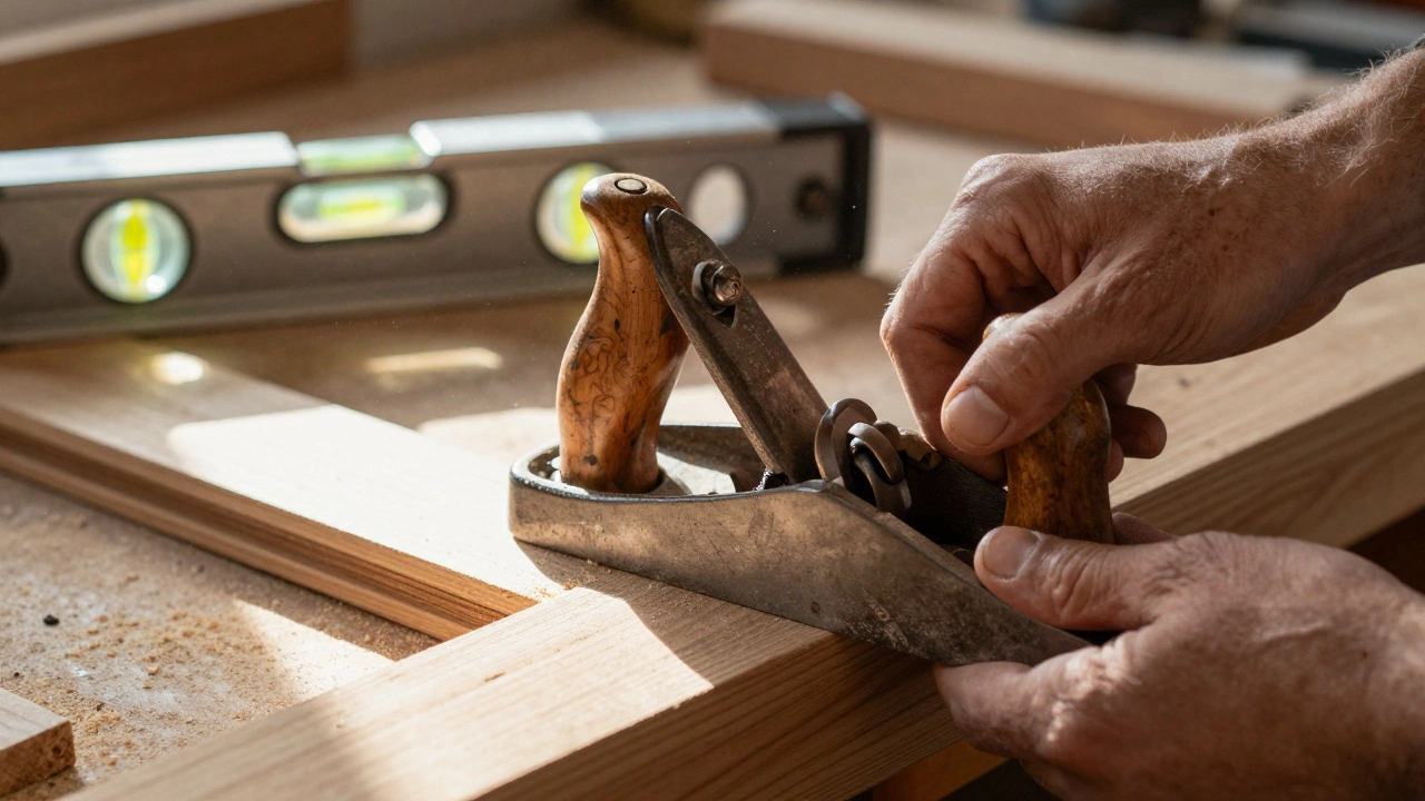 Руки мастера работают рубанком по дереву, вокруг — опилки и старый уровень на столе.
