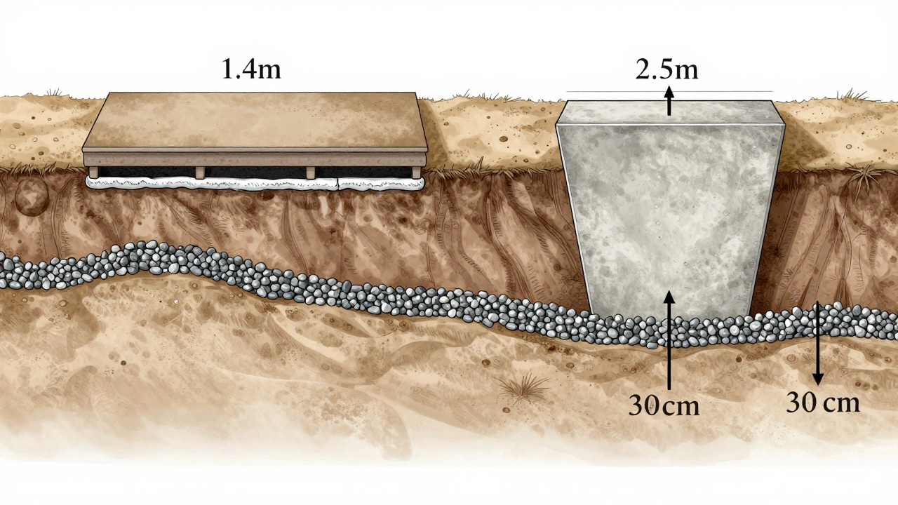 Схема двух типов фундаментов: мелкозаглубленный на песке и глубокий на глине с дренажной подушкой.