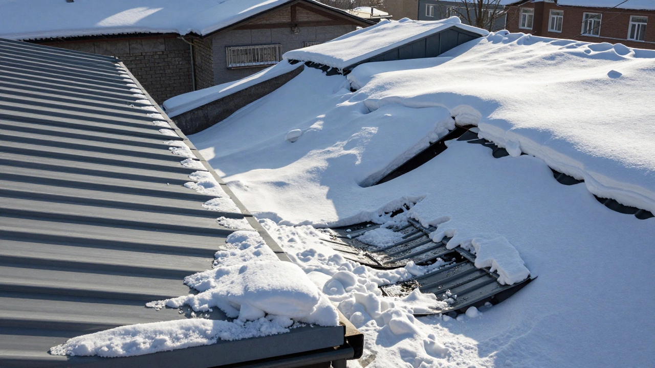 Сравнение надежной и протекающей кровли под тяжелым снежным покровом в зимнем Новосибирске.