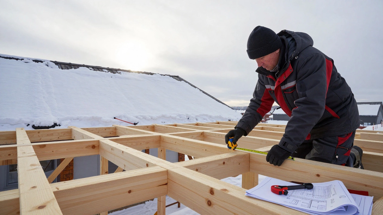 Строитель измеряет расстояние между стропилами на крыше в Сибири, на фоне снежного пейзажа и деревянных балок 50×200 мм.
