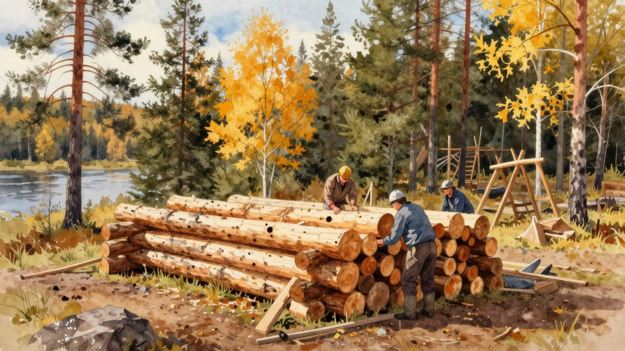 Традиционное строительство сруба в Карелии, брёвна и лесной пейзаж