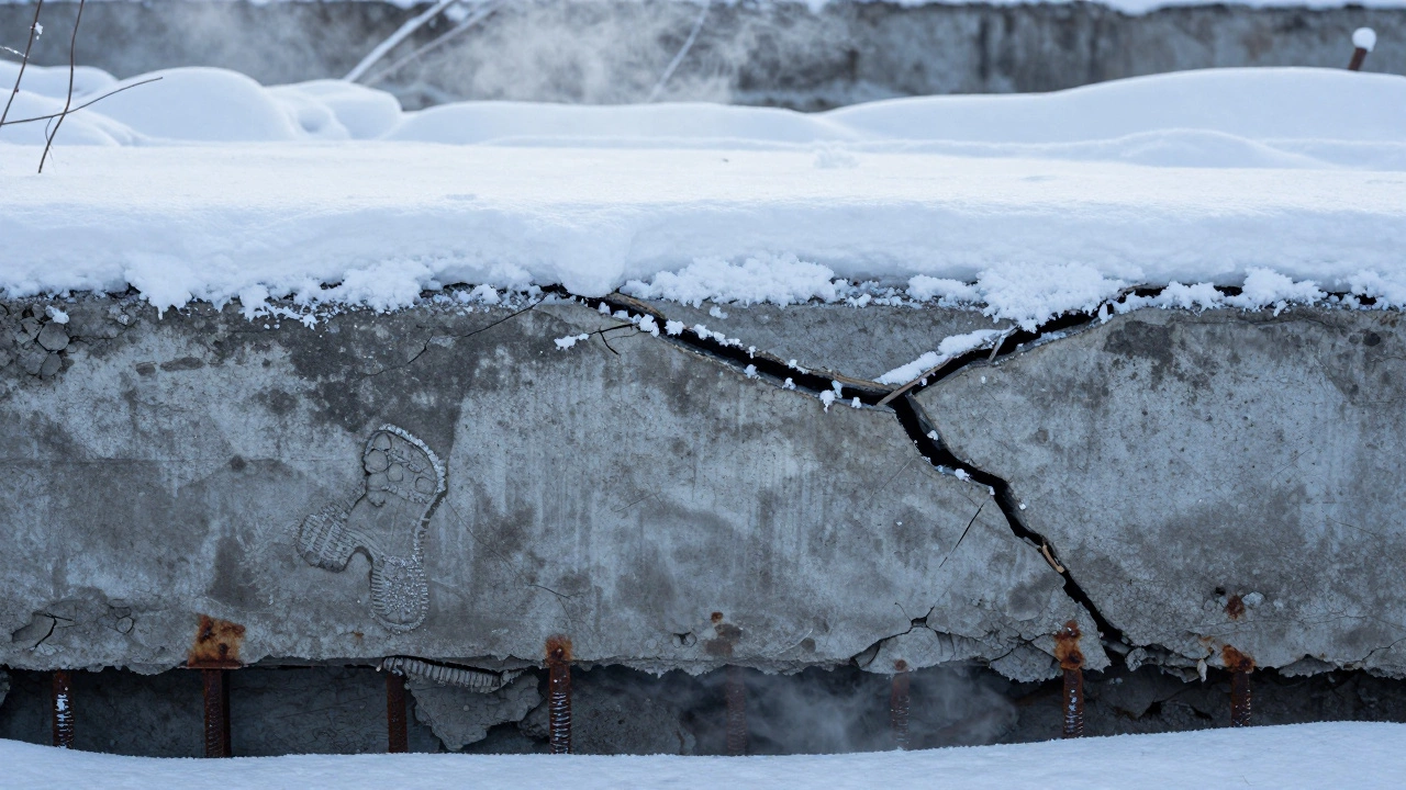 Треснувший фундамент под снегом, с пылью на поверхности и ржавой арматурой внутри.