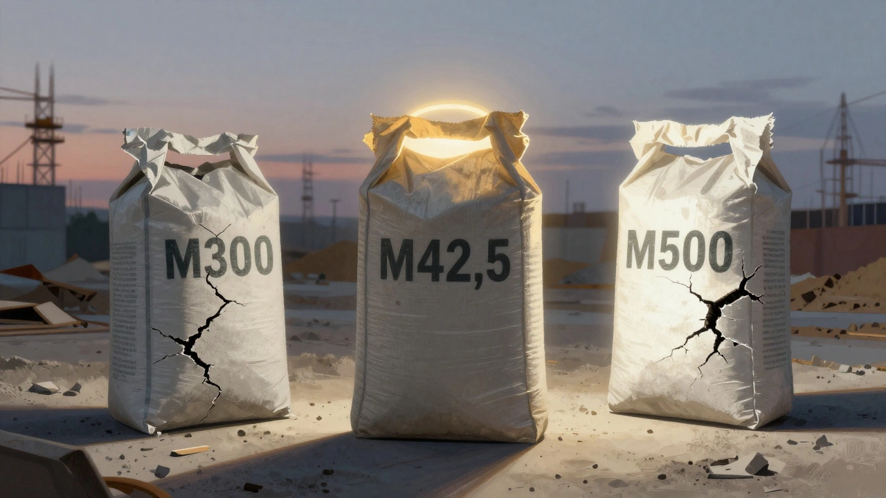 Три мешка цемента: М300, М42,5 и М500 — символизирующие разные уровни прочности и надежности.