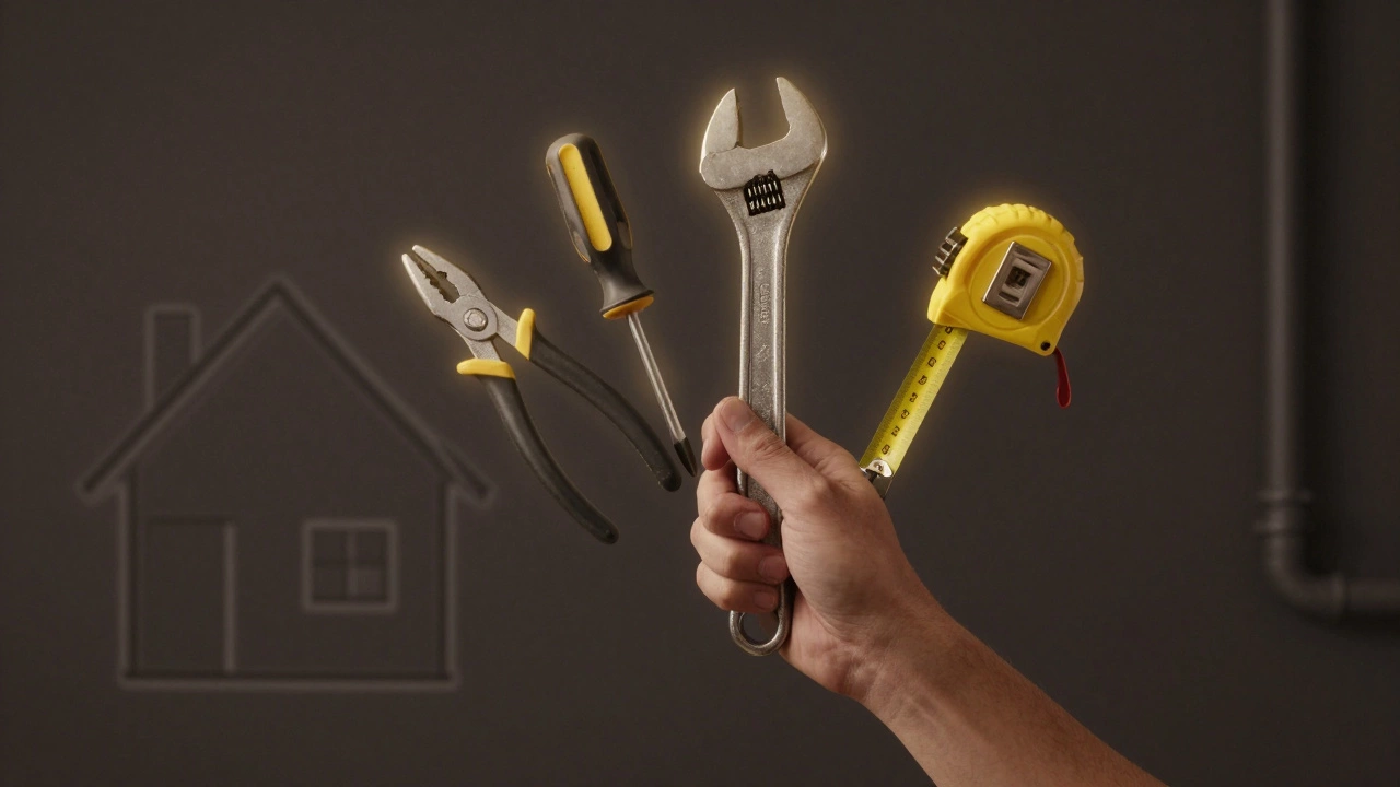 Золотисто светящиеся ручные инструменты парят в воздухе, символизируя основные навыки ремонта.