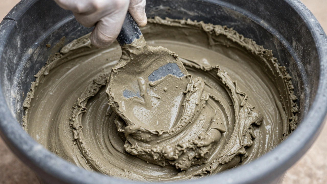 Бетонный раствор с песком в черном ведре для заливки пола