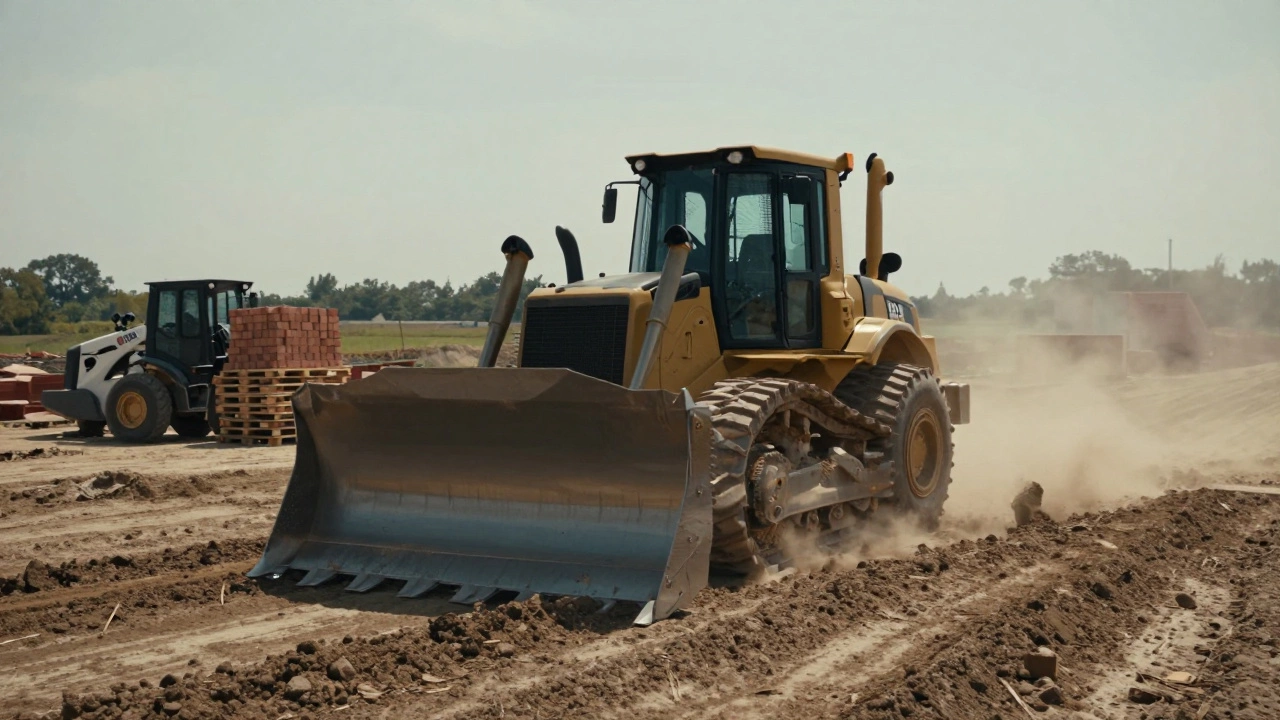 Бульдозер Caterpillar D6 выравнивает большую строительную площадку, за ним погрузчик Bobcat T7X перевозит материалы.