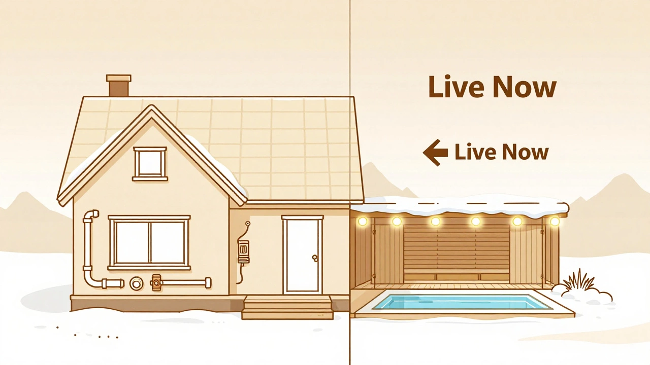 Дом разделён: левая часть — жизненно важные системы, правая — заброшенные роскошные элементы.