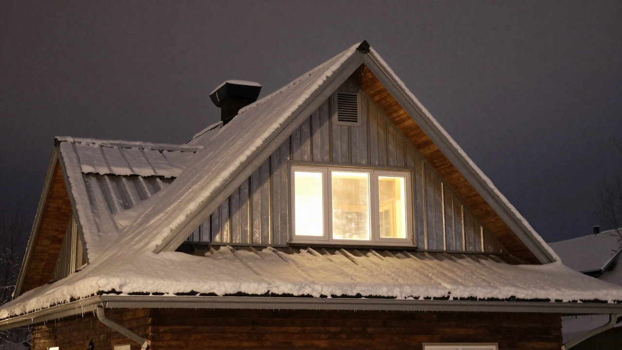 Дом в сибирской зиме с крутой крышей, утепленными стенами и теплым светом из окон.