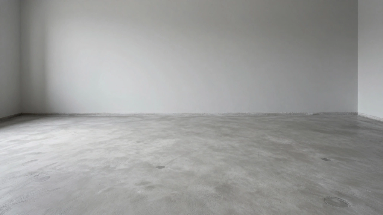Готовая цементная стяжка в пустой комнате с мягким освещением