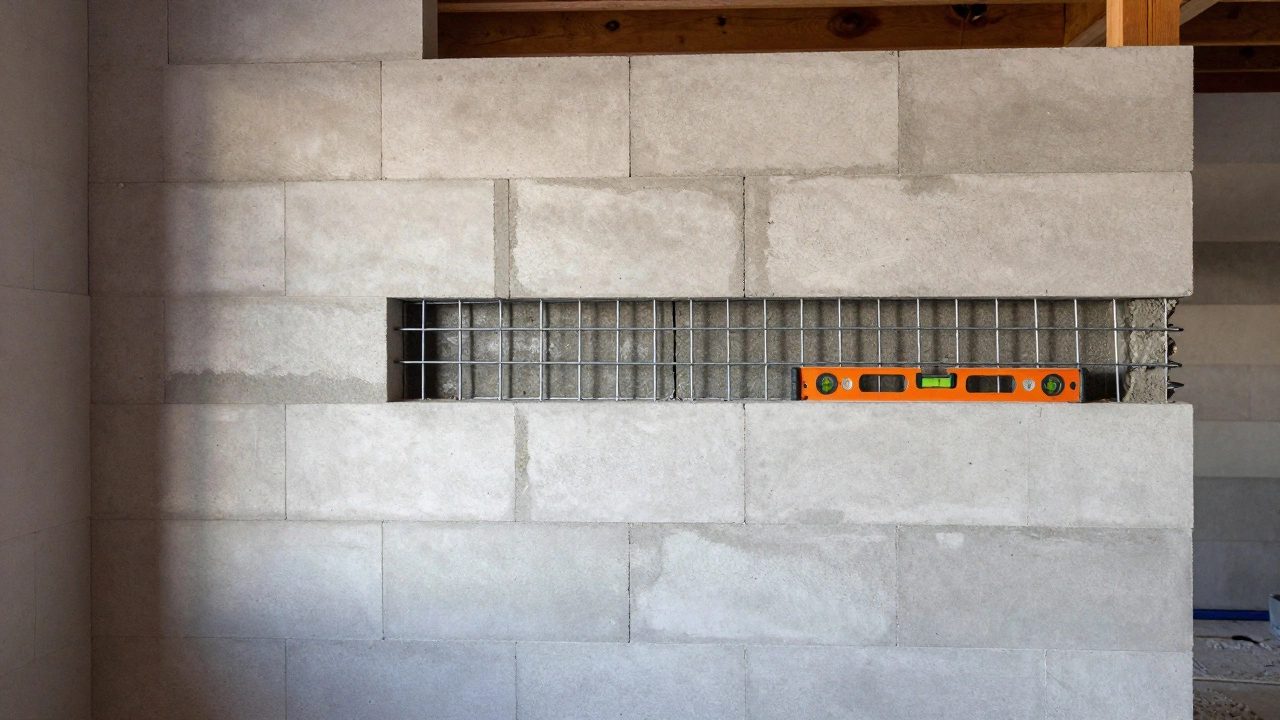 Кладка газобетонных блоков с армированием, уровень на стене, теплое освещение внутри дома.
