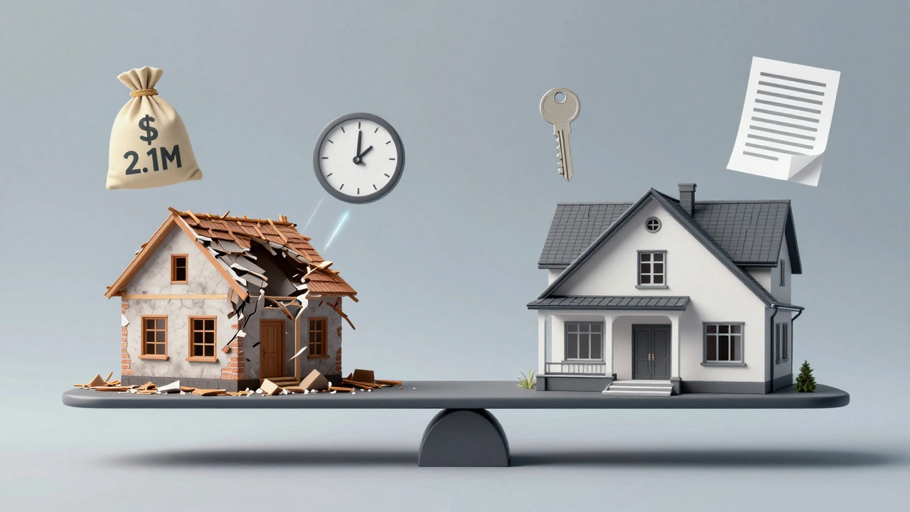 Концептуальное изображение выгоды реконструкции: старый дом на весах против модернизированного, с символами времени и стоимости.